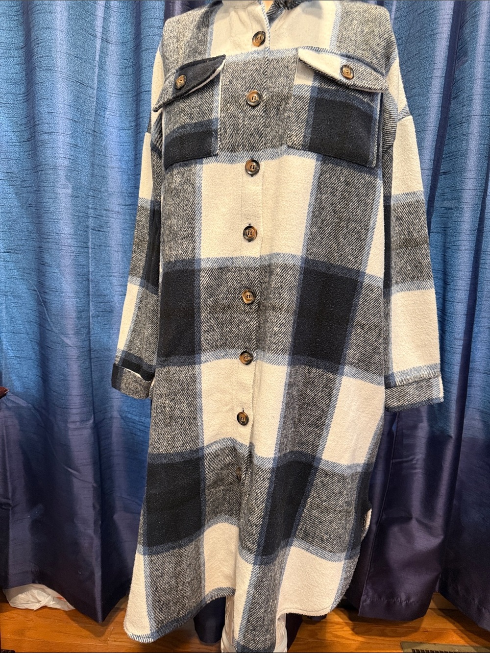 Blue and Cream Plaid Utility Shacket Jacket